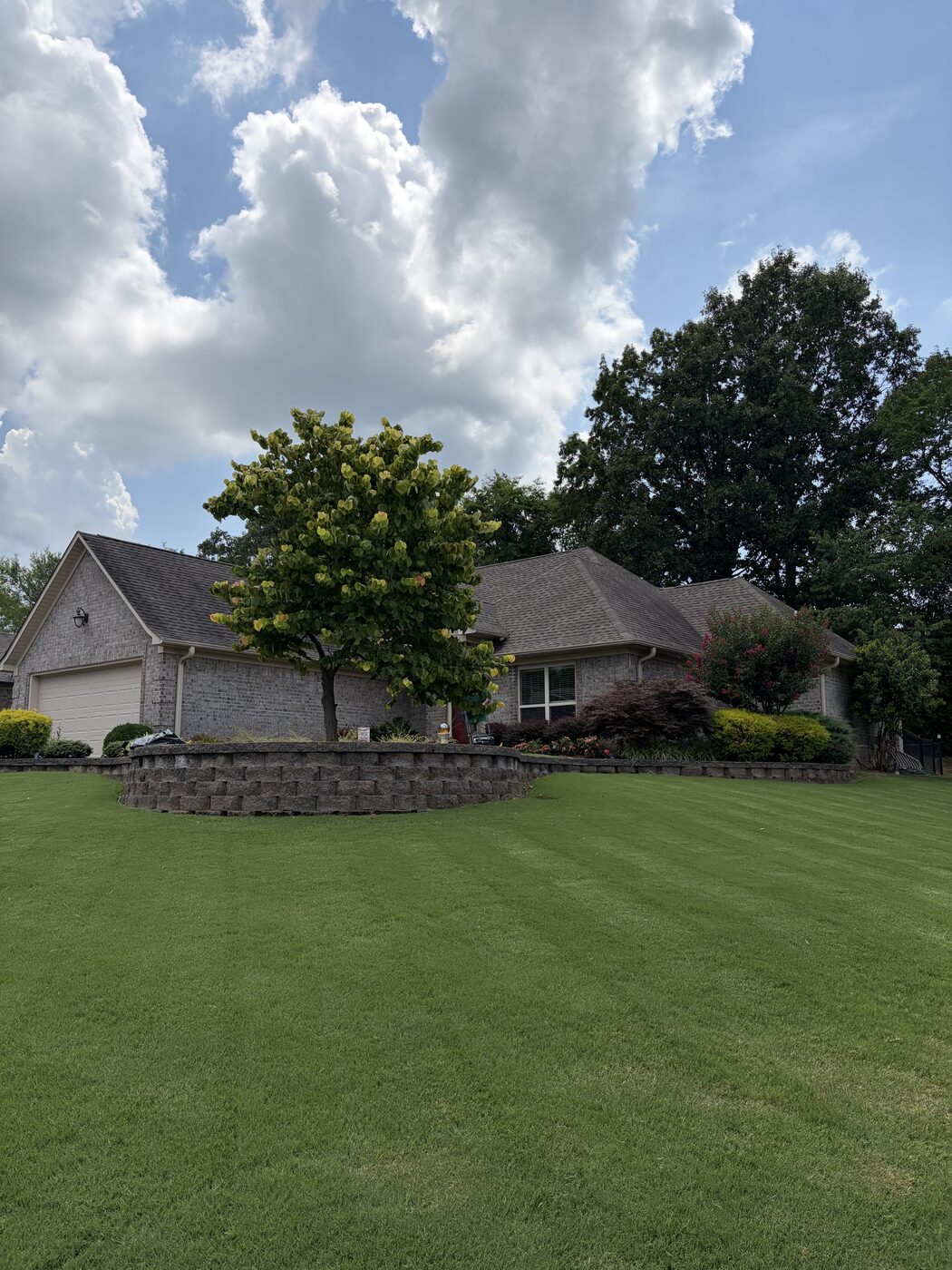 Maintained lawn and landscaped stone bed